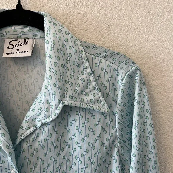 Vintage 70's Button Up Shirt Women's 18 Sodi Miami Blue Disco Dagger Collar - Picture 3 of 14